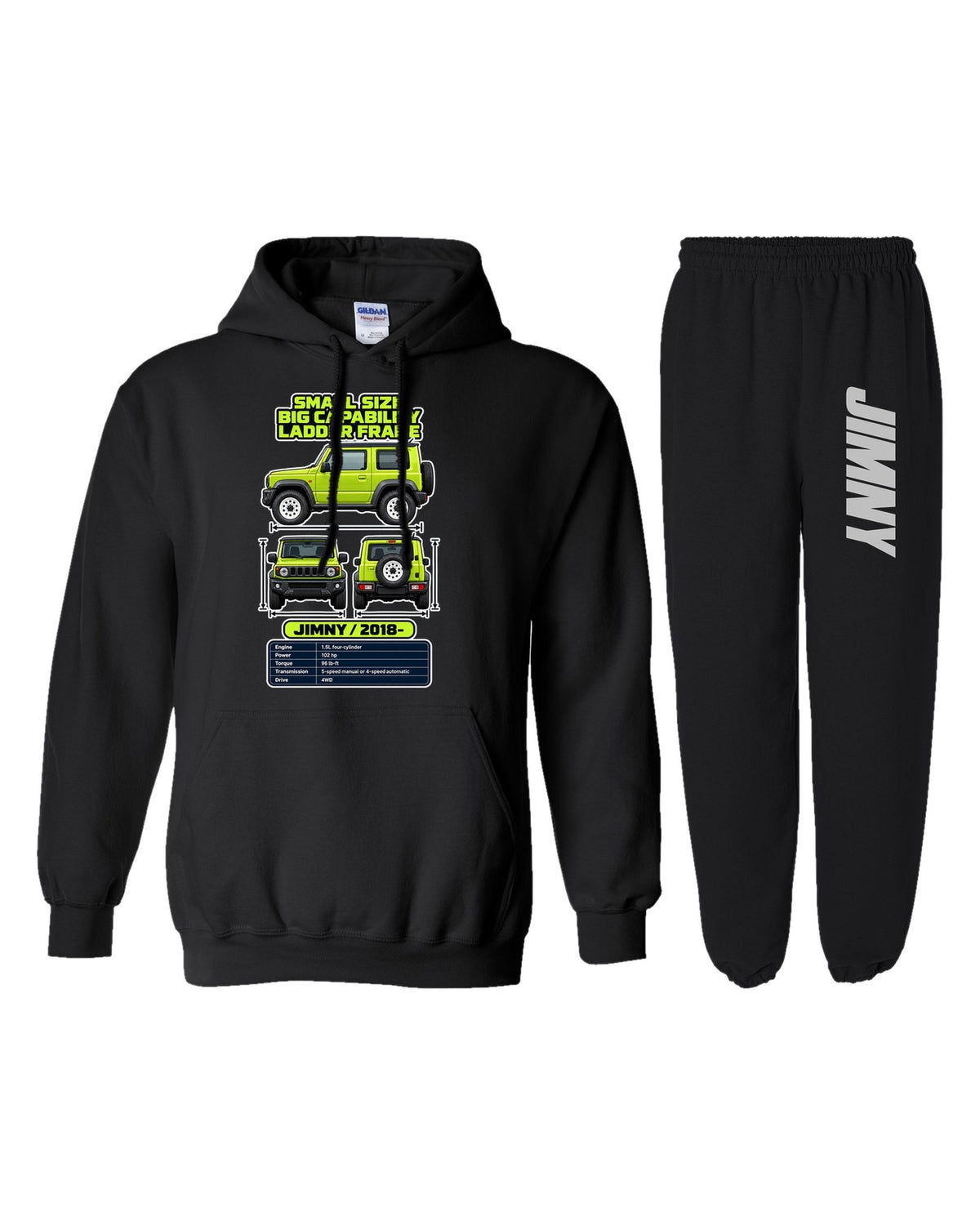 Suzuki Jimny JB74 Spec Sheet Hoodie + Jogger Set black hoodie and sweatpants
