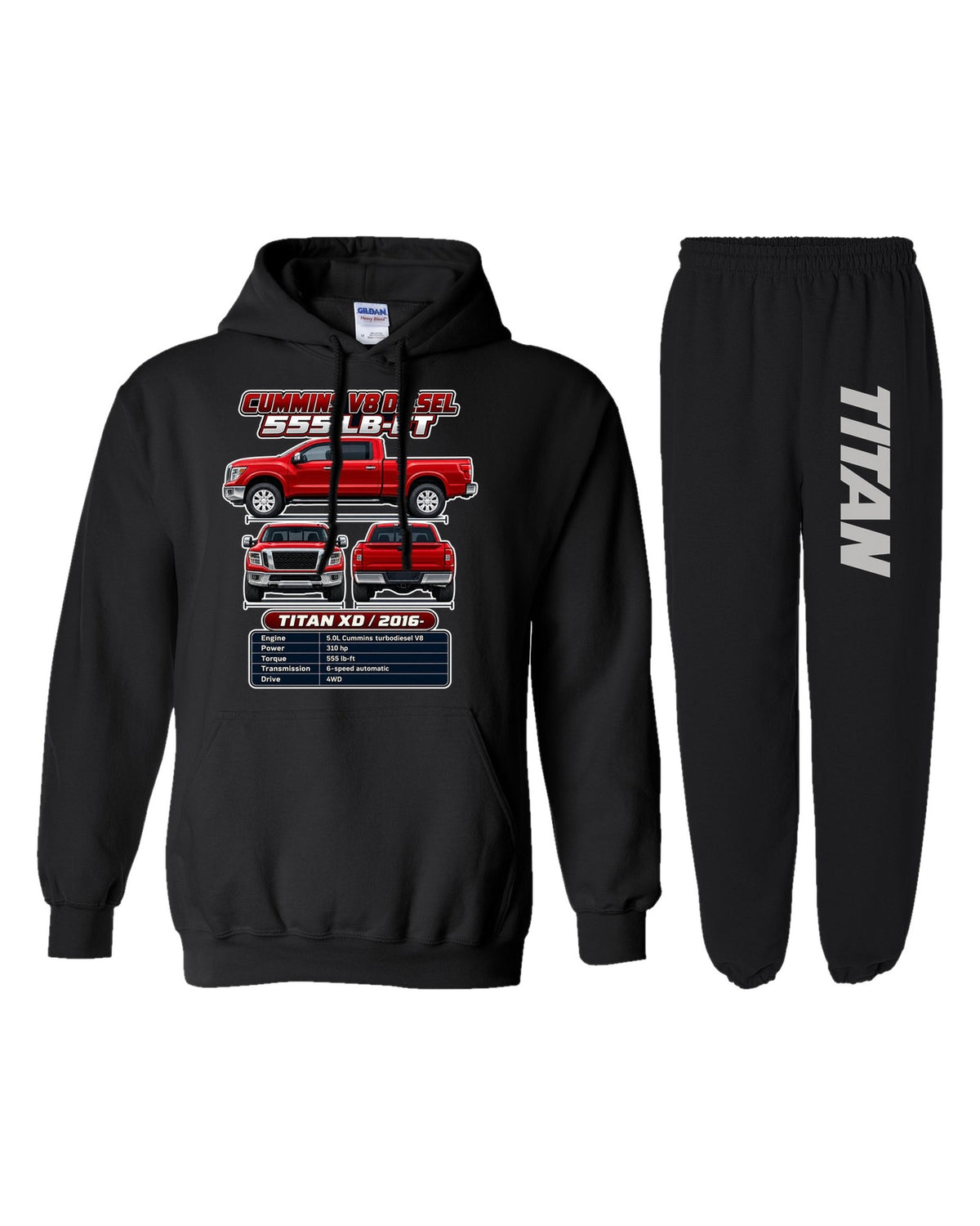Nissan Titan XD Spec Sheet Hoodie + Jogger Set black hoodie and sweatpants