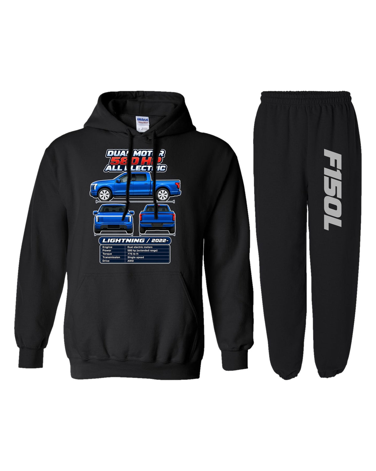 Ford F150 Lightning Spec Sheet Hoodie + Jogger Set black hoodie and sweatpants