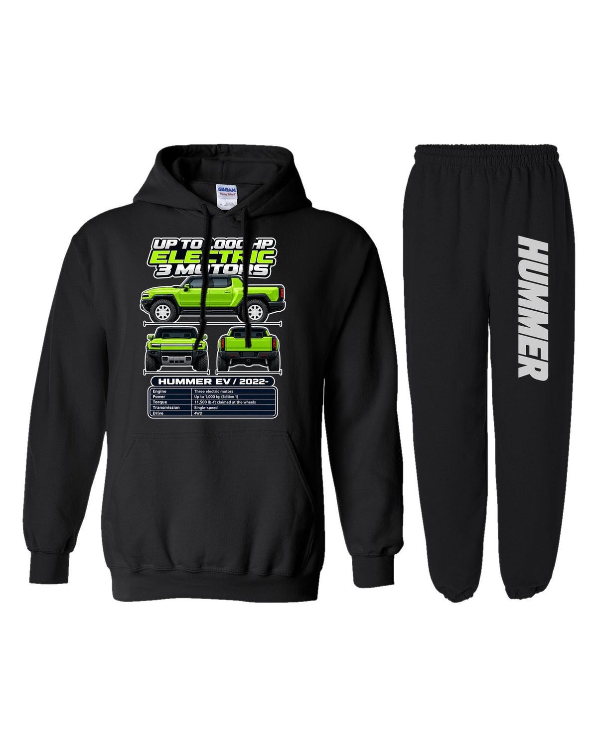 GMC Hummer EV Spec Sheet Hoodie + Jogger Set black hoodie and sweatpants