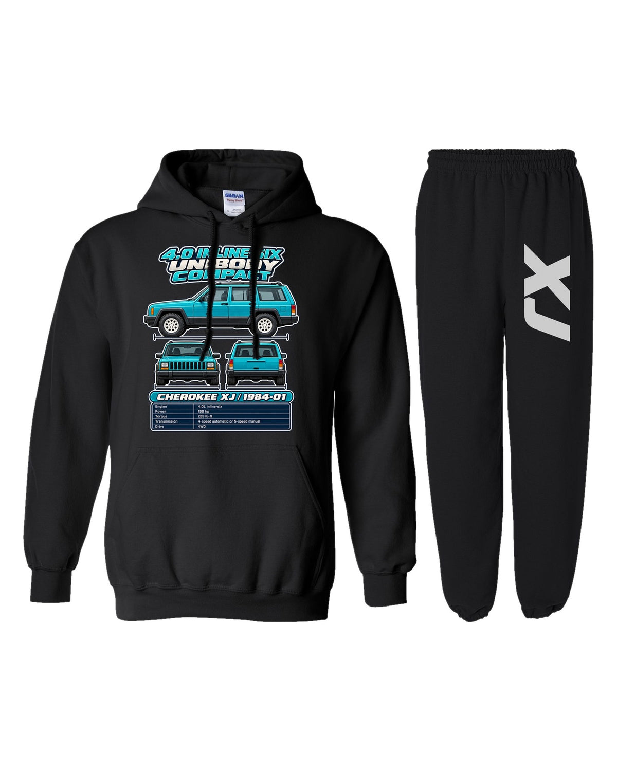 Jeep Cherokee XJ Spec Sheet Hoodie + Jogger Set black hoodie and sweatpants