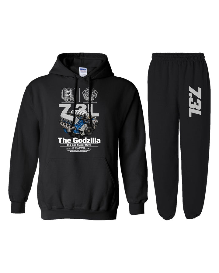 Ford Godzilla 7 3 Engine Hoodie + Jogger Set black hoodie and sweatpants