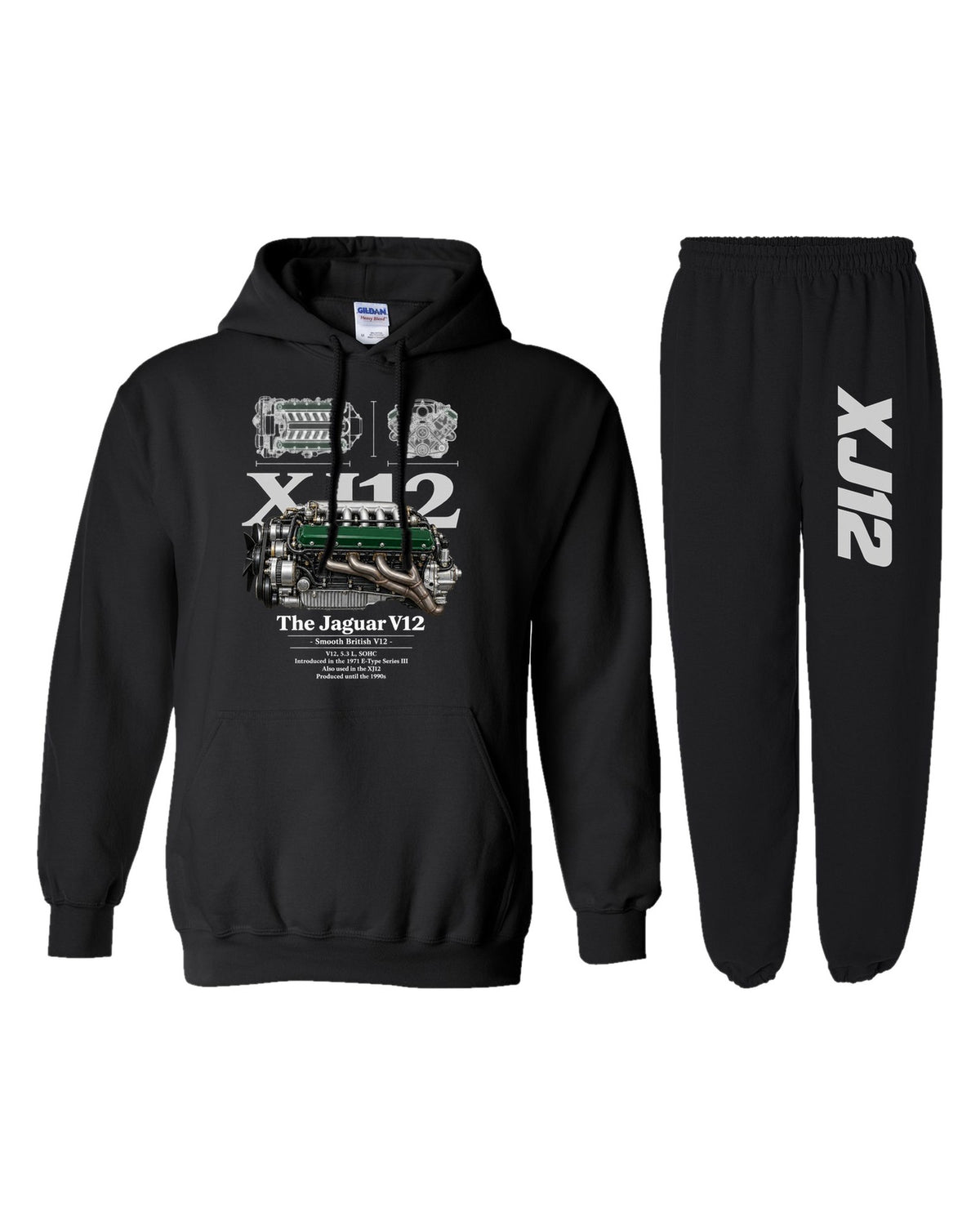 Jaguar V12 Engine Hoodie + Jogger Set black hoodie and sweatpants