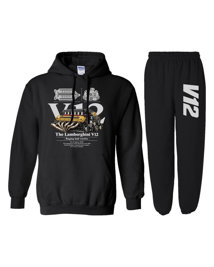 Lamborghini V12 Engine Hoodie + Jogger Set black hoodie and sweatpants