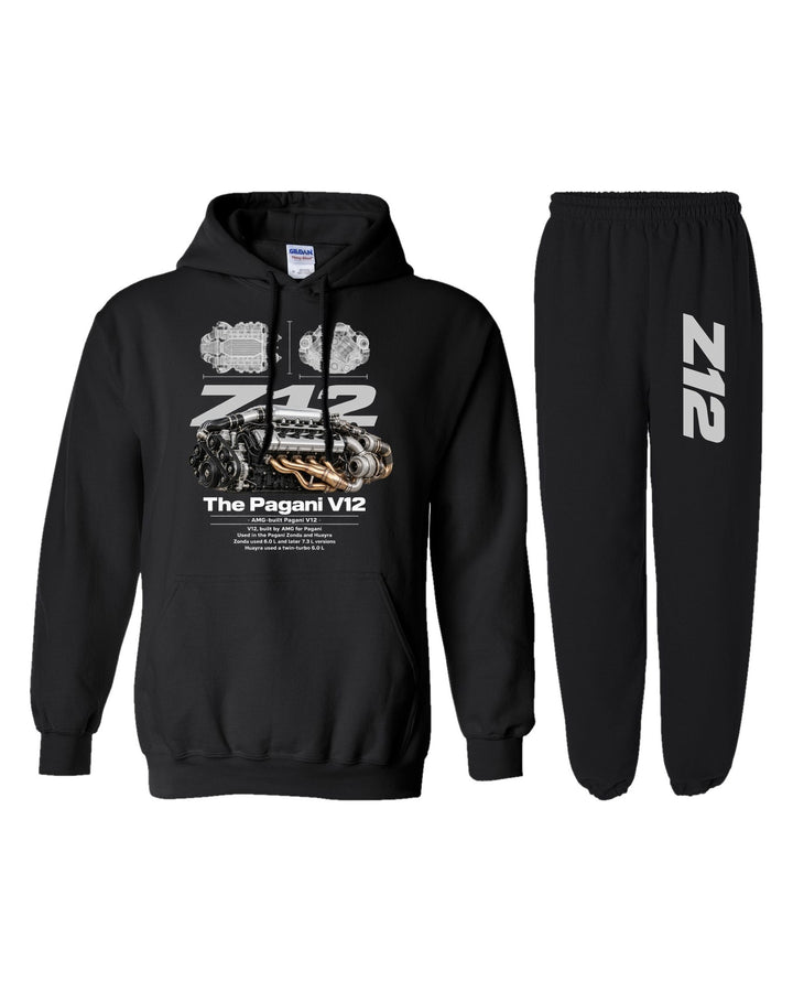 Pagani AMG V12 Engine Hoodie + Jogger Set black hoodie and sweatpants