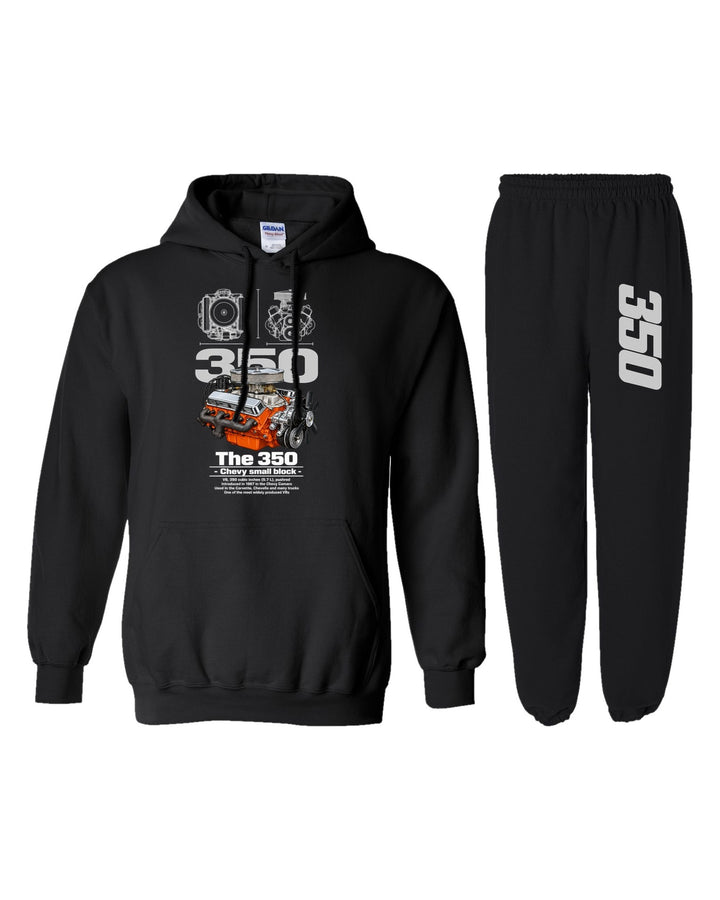 Chevy 350 Engine Hoodie + Jogger Set black hoodie and sweatpants