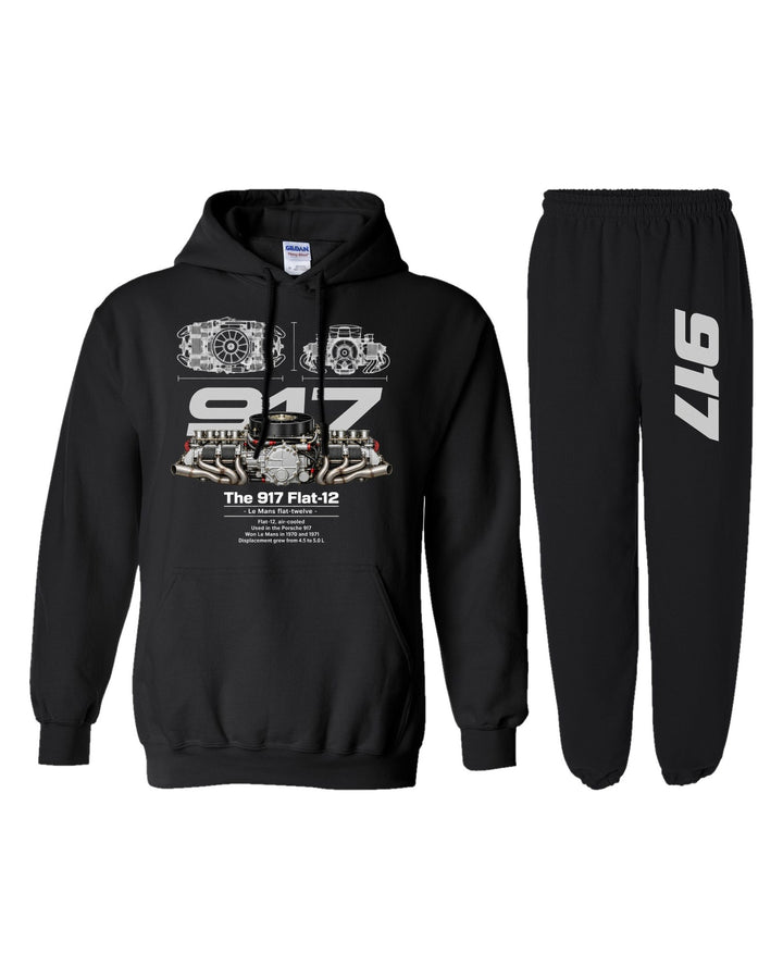 Porsche 917 Flat 12 Engine Hoodie + Jogger Set black hoodie and sweatpants