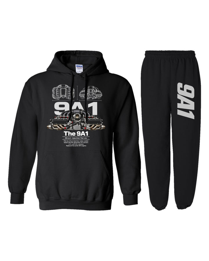 Porsche 9A1 Engine Hoodie + Jogger Set black hoodie and sweatpants