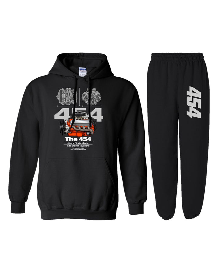 Chevy 454 Engine Hoodie + Jogger Set black hoodie and sweatpants