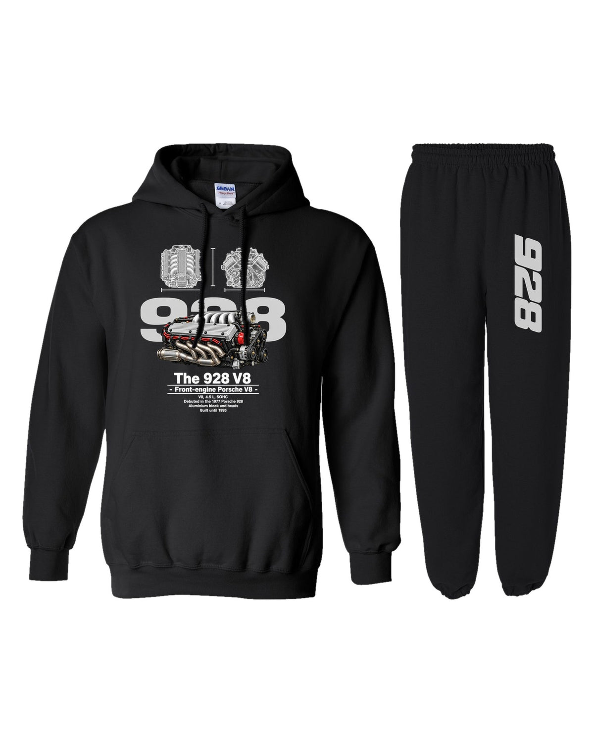 Porsche 928 V8 Engine Hoodie + Jogger Set black hoodie and sweatpants