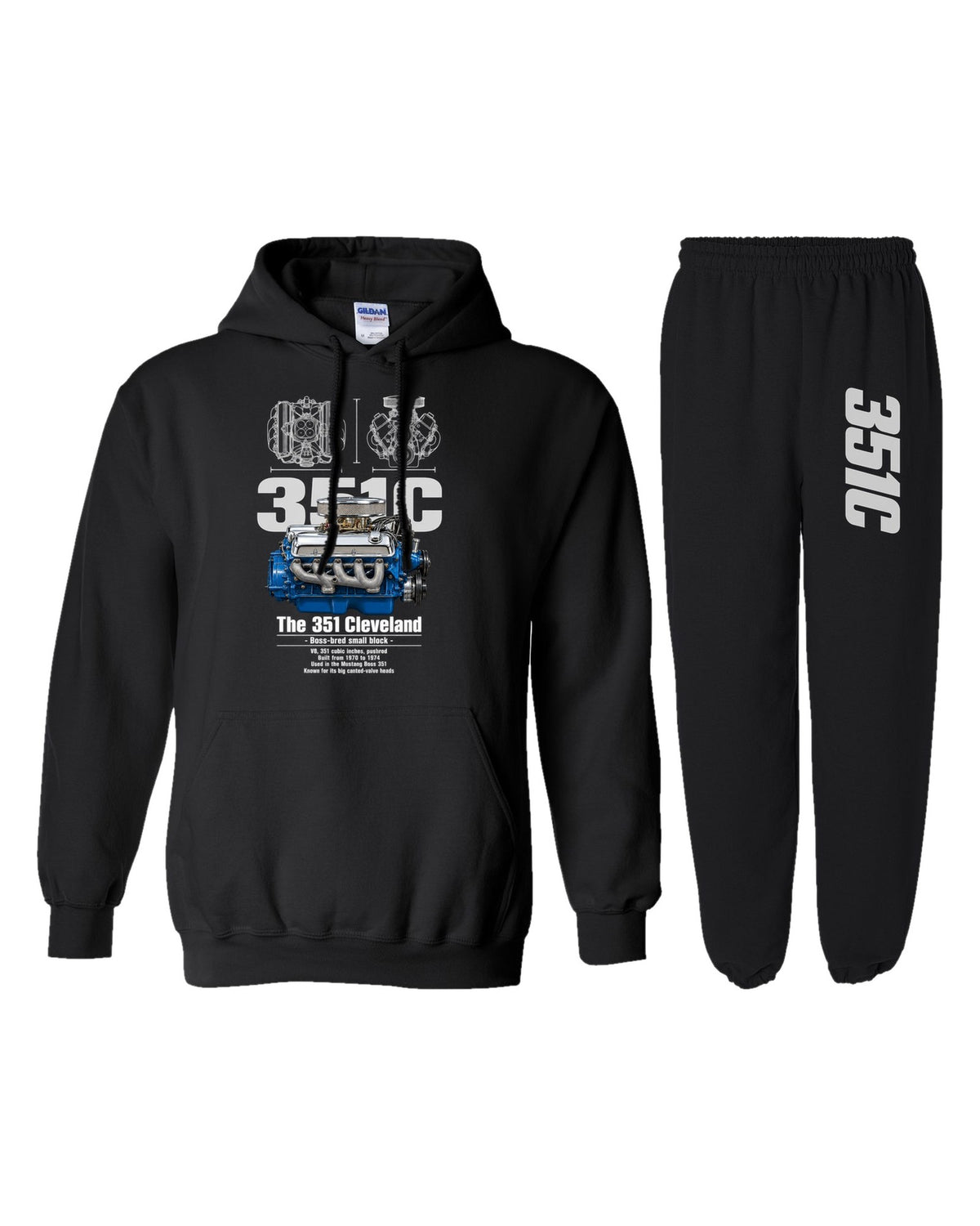 Ford 351 Cleveland Engine Hoodie + Jogger Set black hoodie and sweatpants