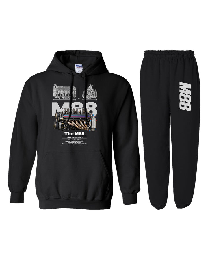 BMW M88 Engine Hoodie + Jogger Set black hoodie and sweatpants