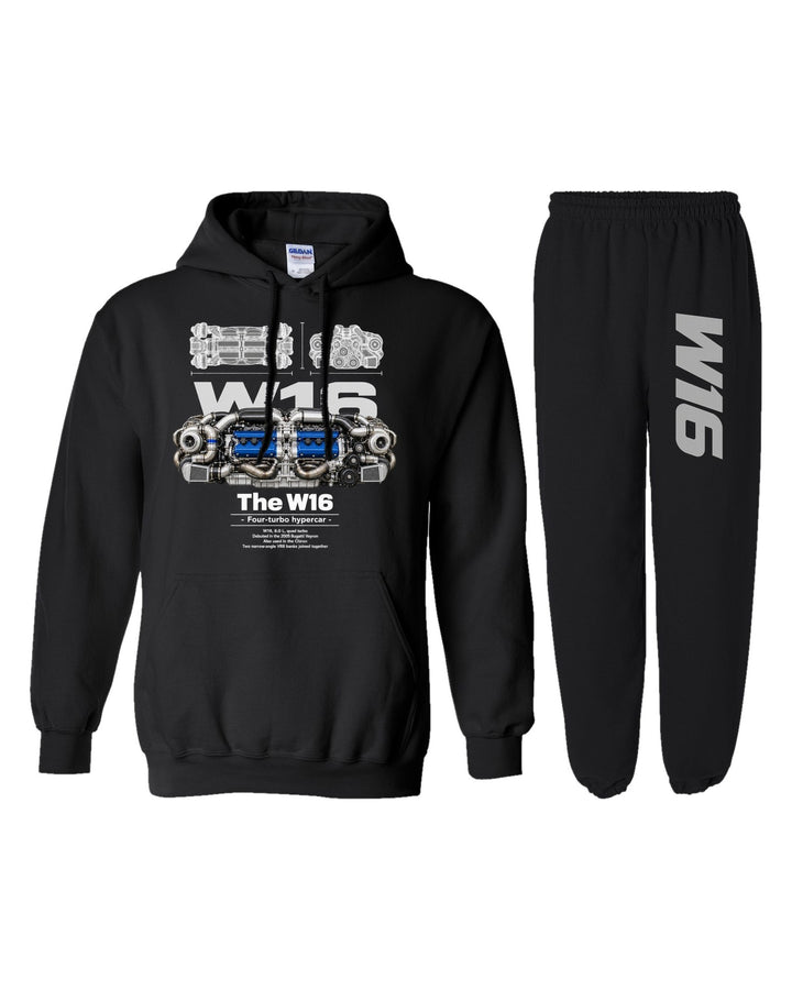 Bugatti W16 Engine Hoodie + Jogger Set black hoodie and sweatpants
