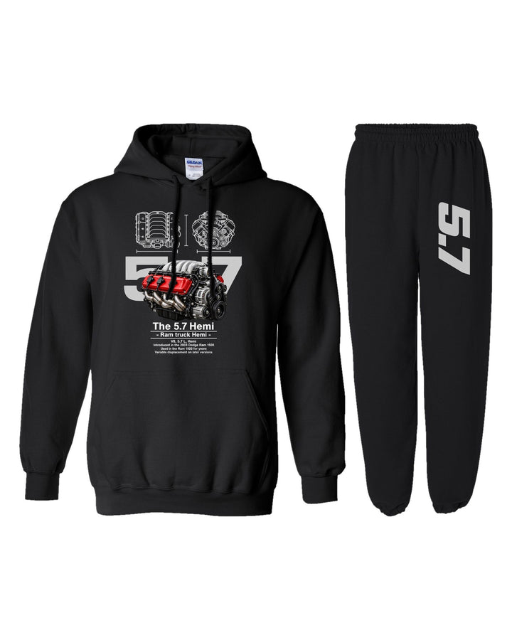 Hemi 5 7 Truck Engine Hoodie + Jogger Set black hoodie and sweatpants