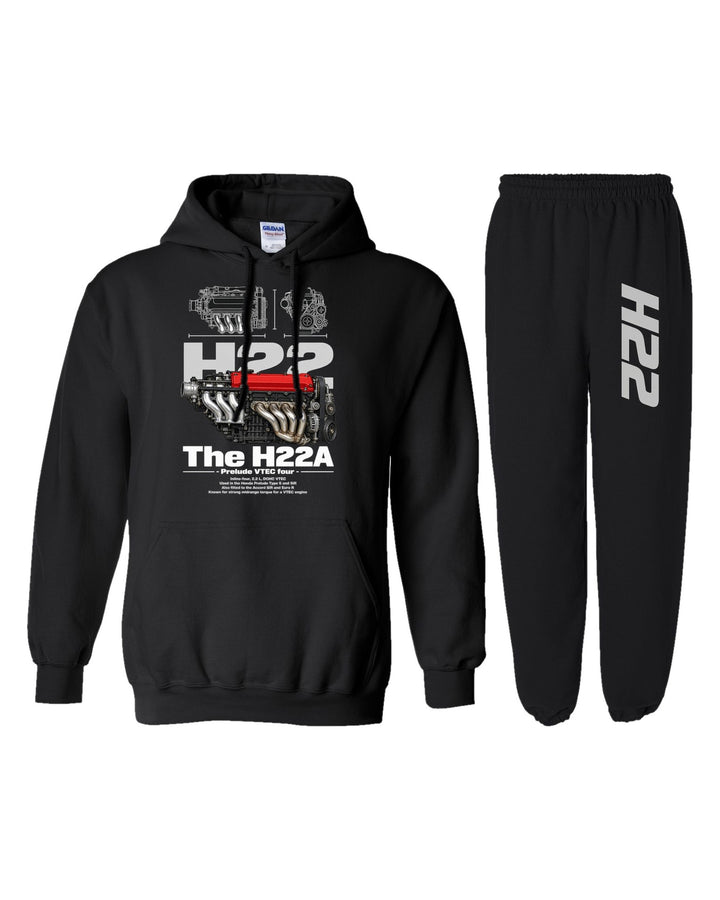 H22A Engine Hoodie + Jogger Set black hoodie and sweatpants