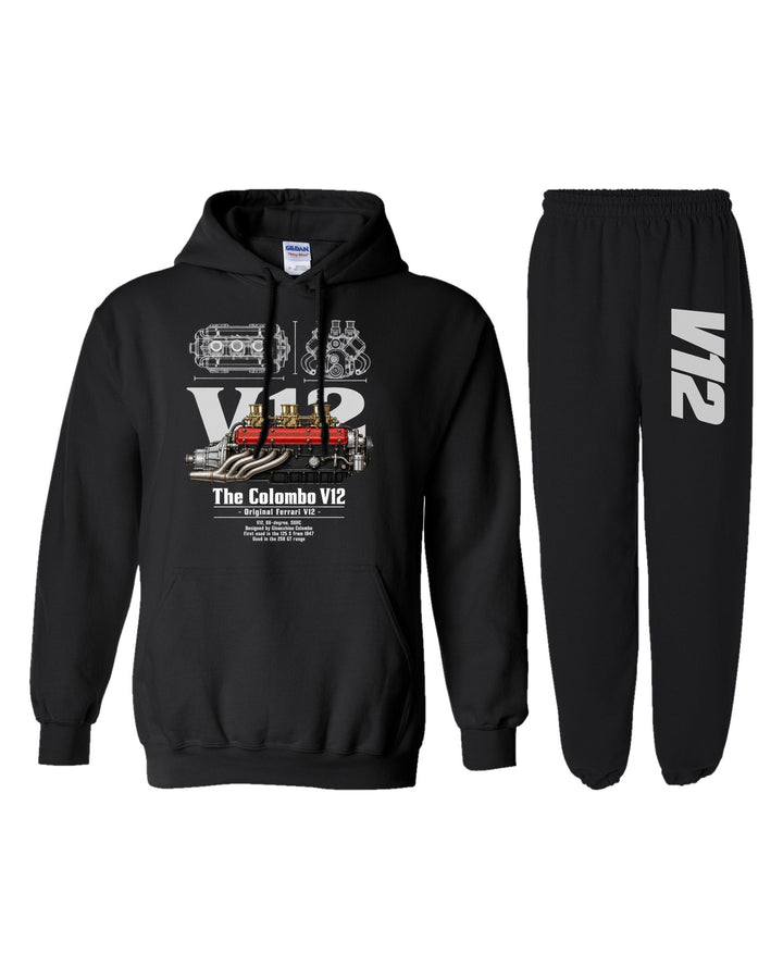 Ferrari Colombo V12 Engine Hoodie + Jogger Set black hoodie and sweatpants