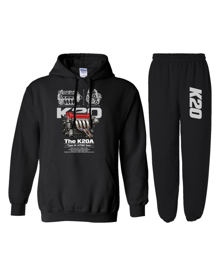 K20A Engine Hoodie + Jogger Set black hoodie and sweatpants