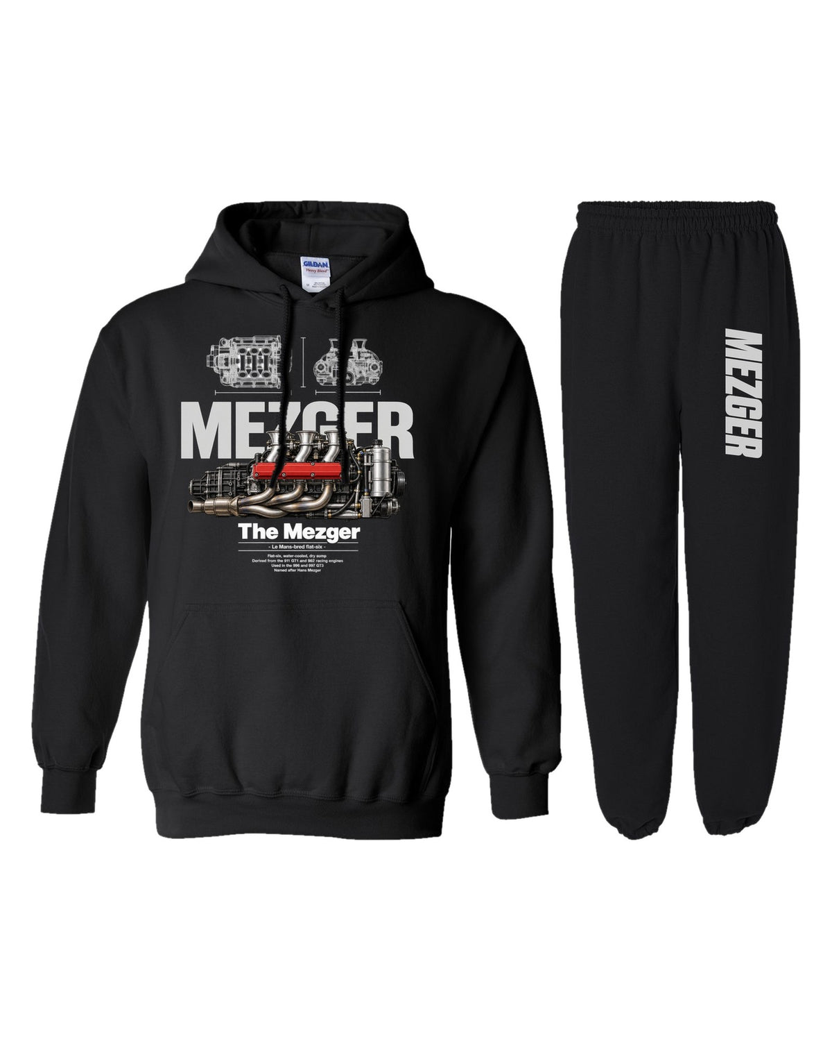 Porsche Mezger Engine Hoodie + Jogger Set black hoodie and sweatpants