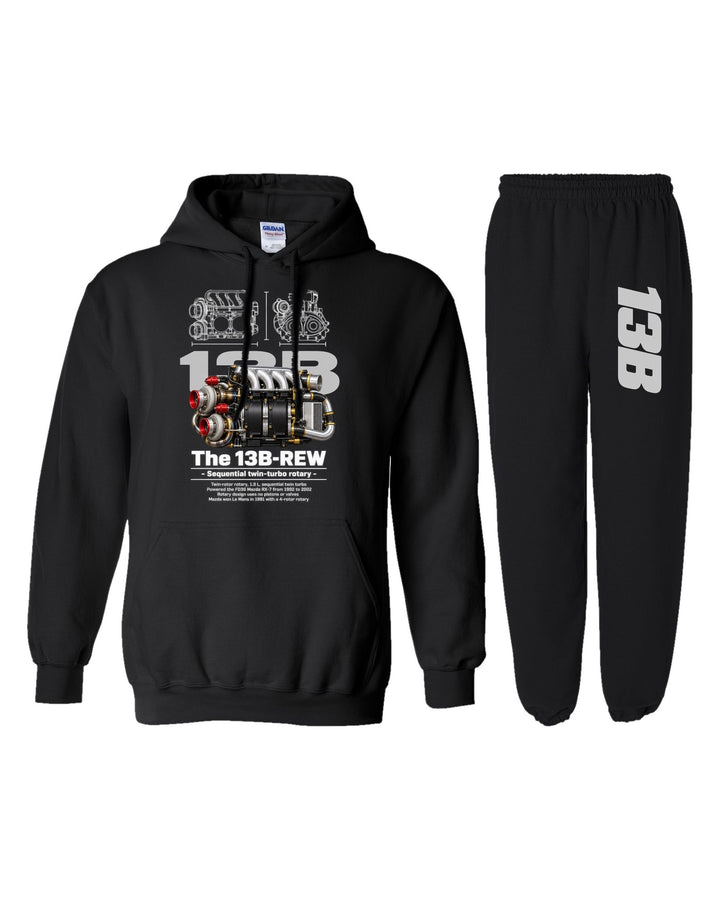 13B-REW Engine Hoodie + Jogger Set black hoodie and sweatpants