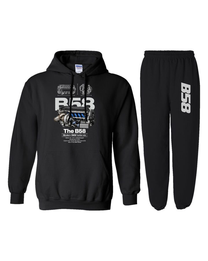 BMW B58 Engine Hoodie + Jogger Set black hoodie and sweatpants