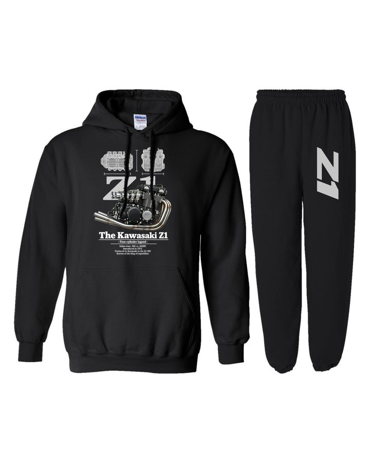 Kawasaki Z1 Engine Hoodie + Jogger Set black hoodie and sweatpants