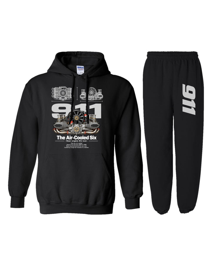 Porsche Air Cooled Flat Six Engine Hoodie + Jogger Set black hoodie and sweatpants