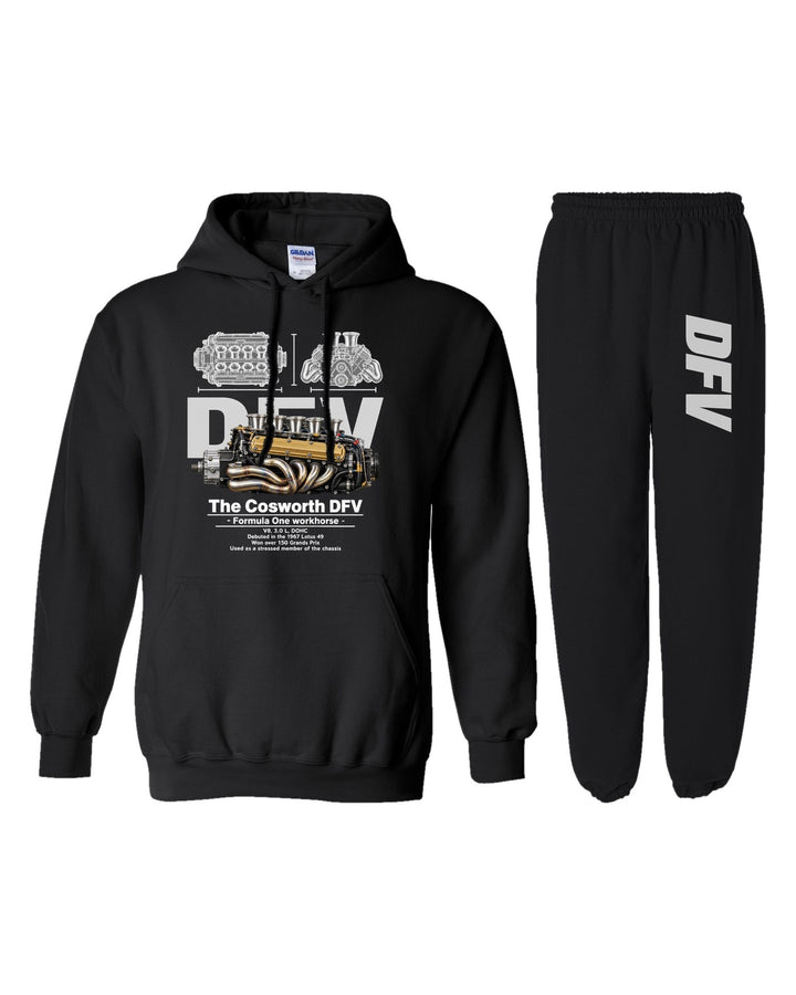 Cosworth DFV Engine Hoodie + Jogger Set black hoodie and sweatpants