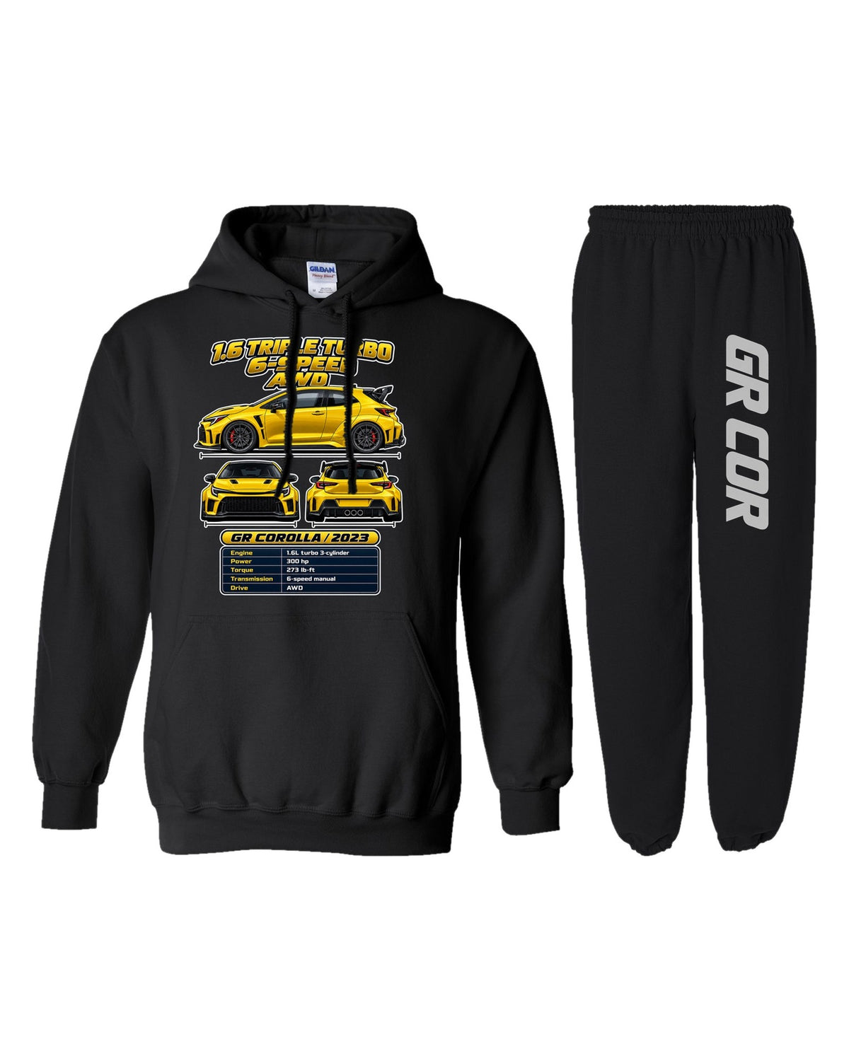 Toyota GR Corolla Spec Sheet Hoodie + Jogger Set black hoodie and sweatpants