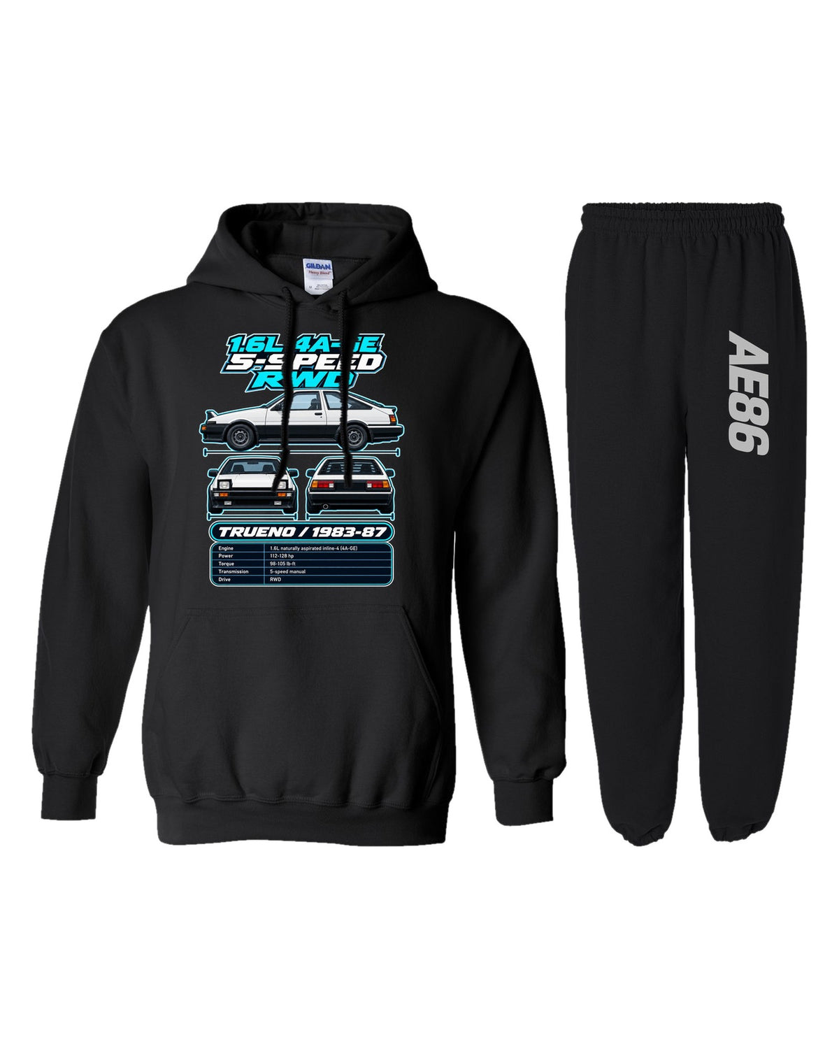 Toyota AE86 Sprinter Trueno Spec Sheet Hoodie + Jogger Set black hoodie and sweatpants
