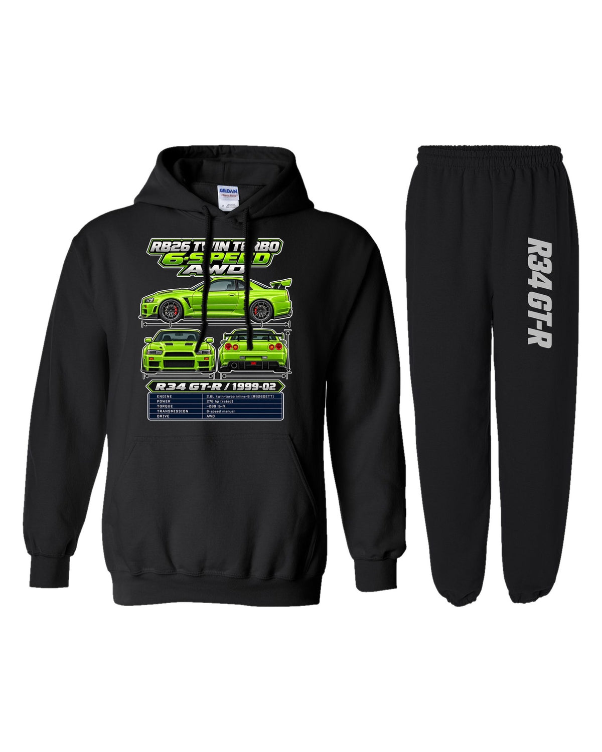 Nissan Skyline GT-R R34 Spec Sheet Hoodie + Jogger Set black hoodie and sweatpants