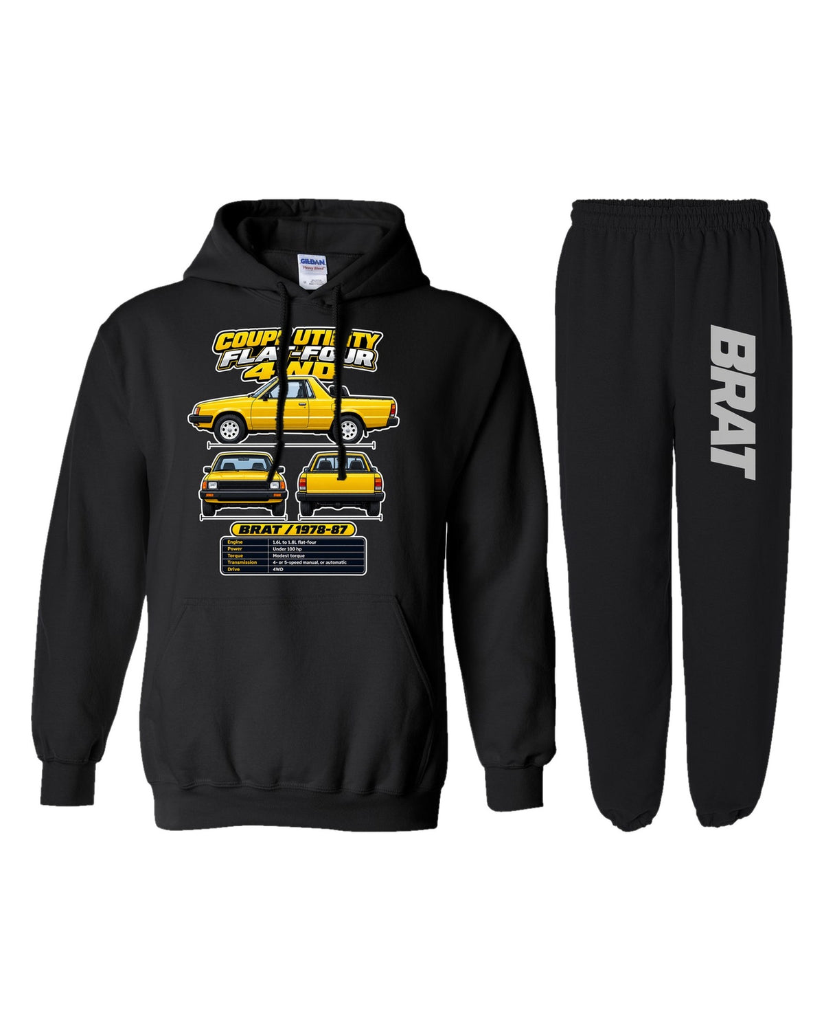 Subaru Brat Spec Sheet Hoodie + Jogger Set black hoodie and sweatpants
