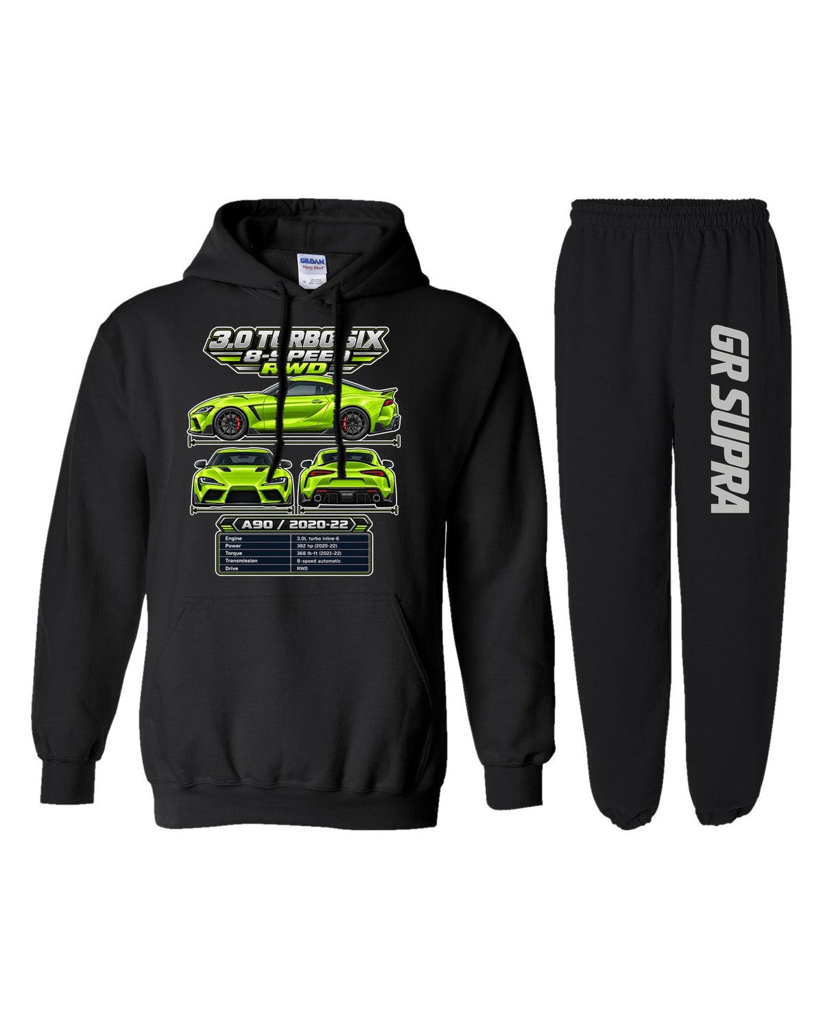 Toyota GR Supra A90 Spec Sheet Hoodie + Jogger Set black hoodie and sweatpants