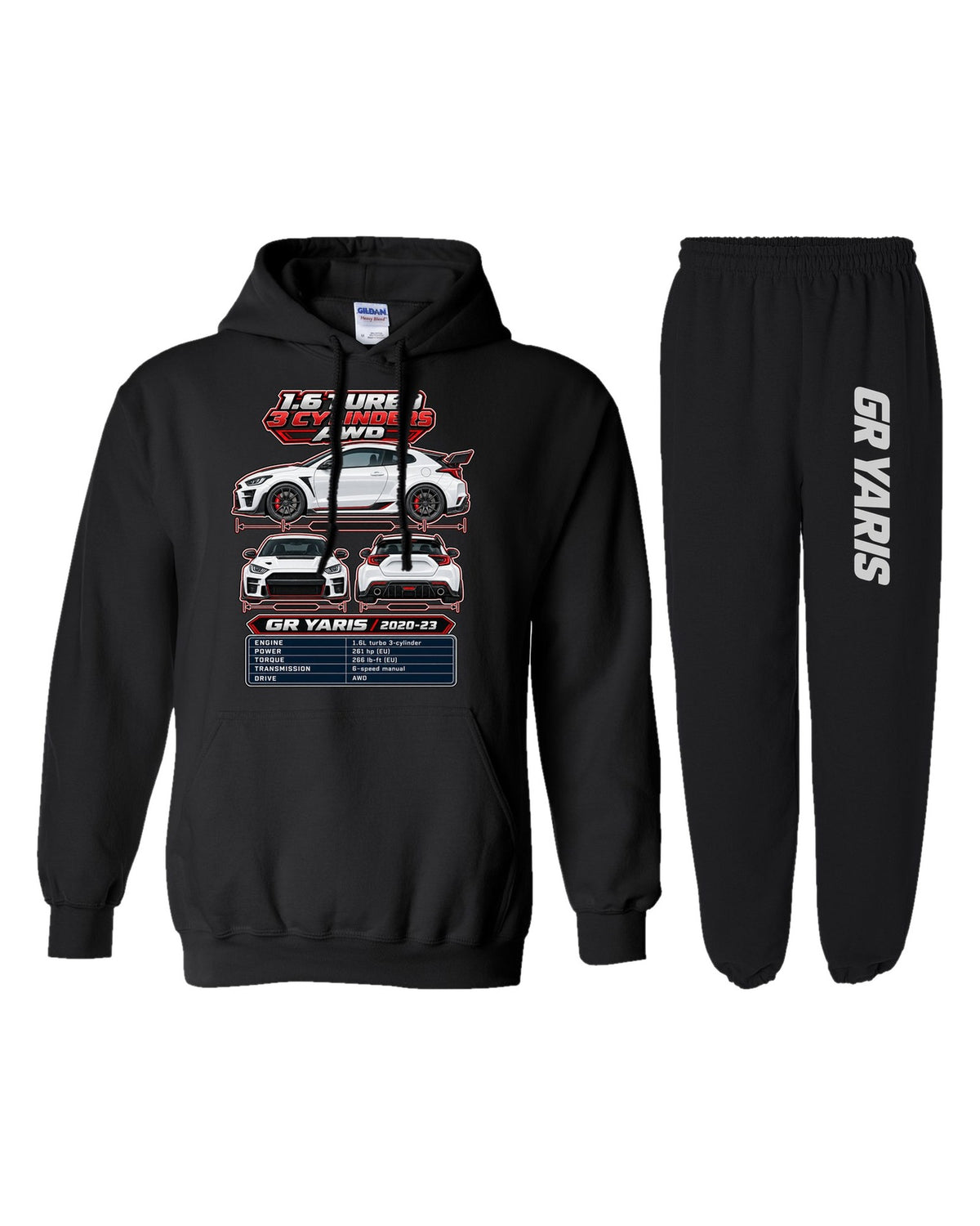Toyota GR Yaris Spec Sheet Hoodie + Jogger Set black hoodie and sweatpants