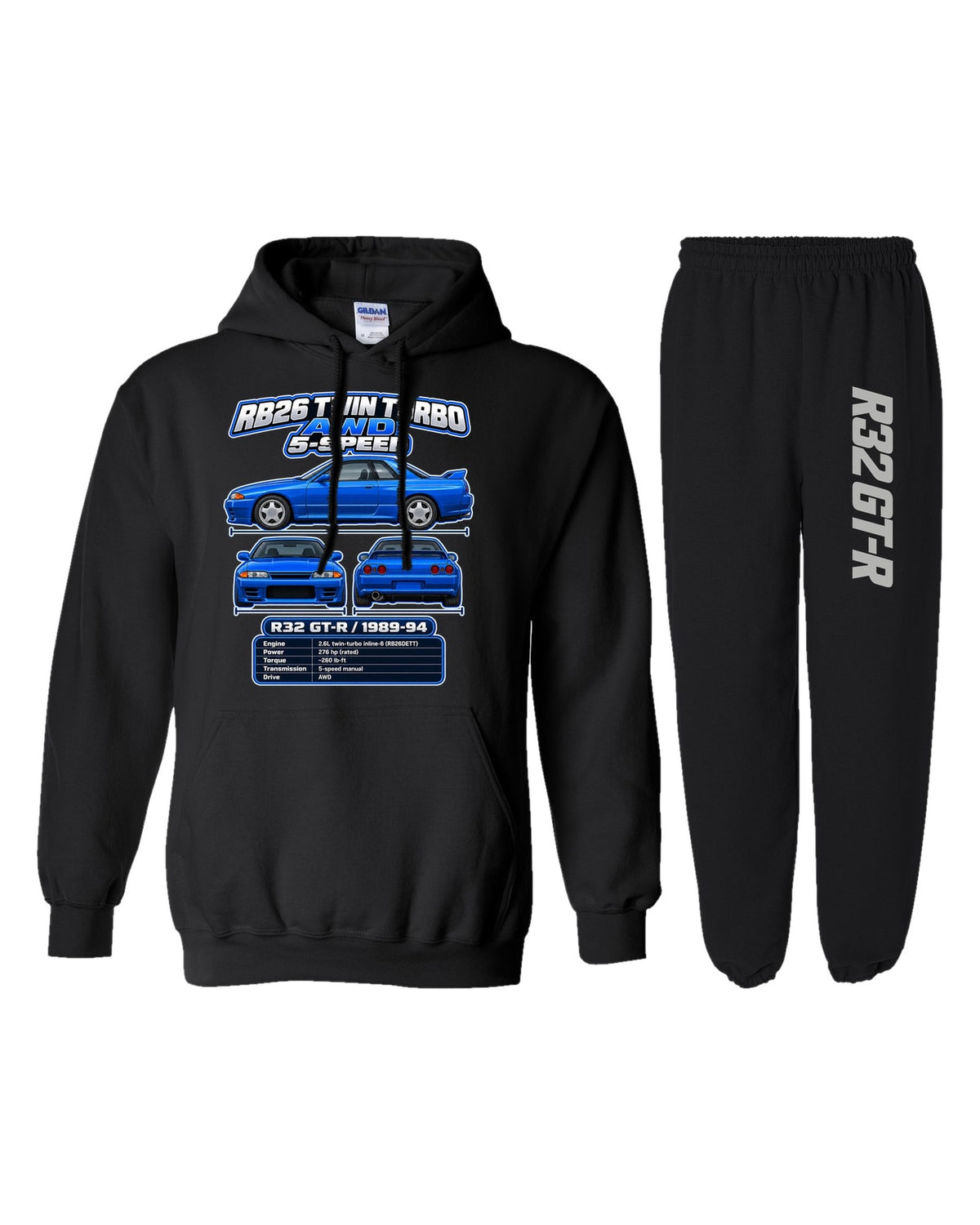 Nissan Skyline GT-R R32 Spec Sheet Hoodie + Jogger Set black hoodie and sweatpants