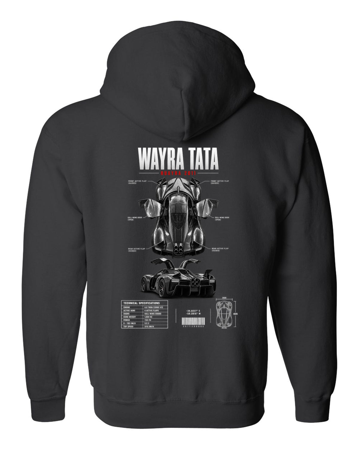 Spec poster print of a 2011 Pagani Huayra with four centre exhausts and gull-wing doors black zip hoodie back view with the design