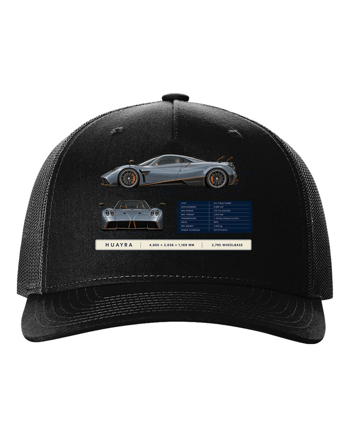 Dimension blueprint print of the Pagani Huayra coupe with 4,605 x 2,036 x 1,169 mm and 2,795 wheelbase black hat front view with the design