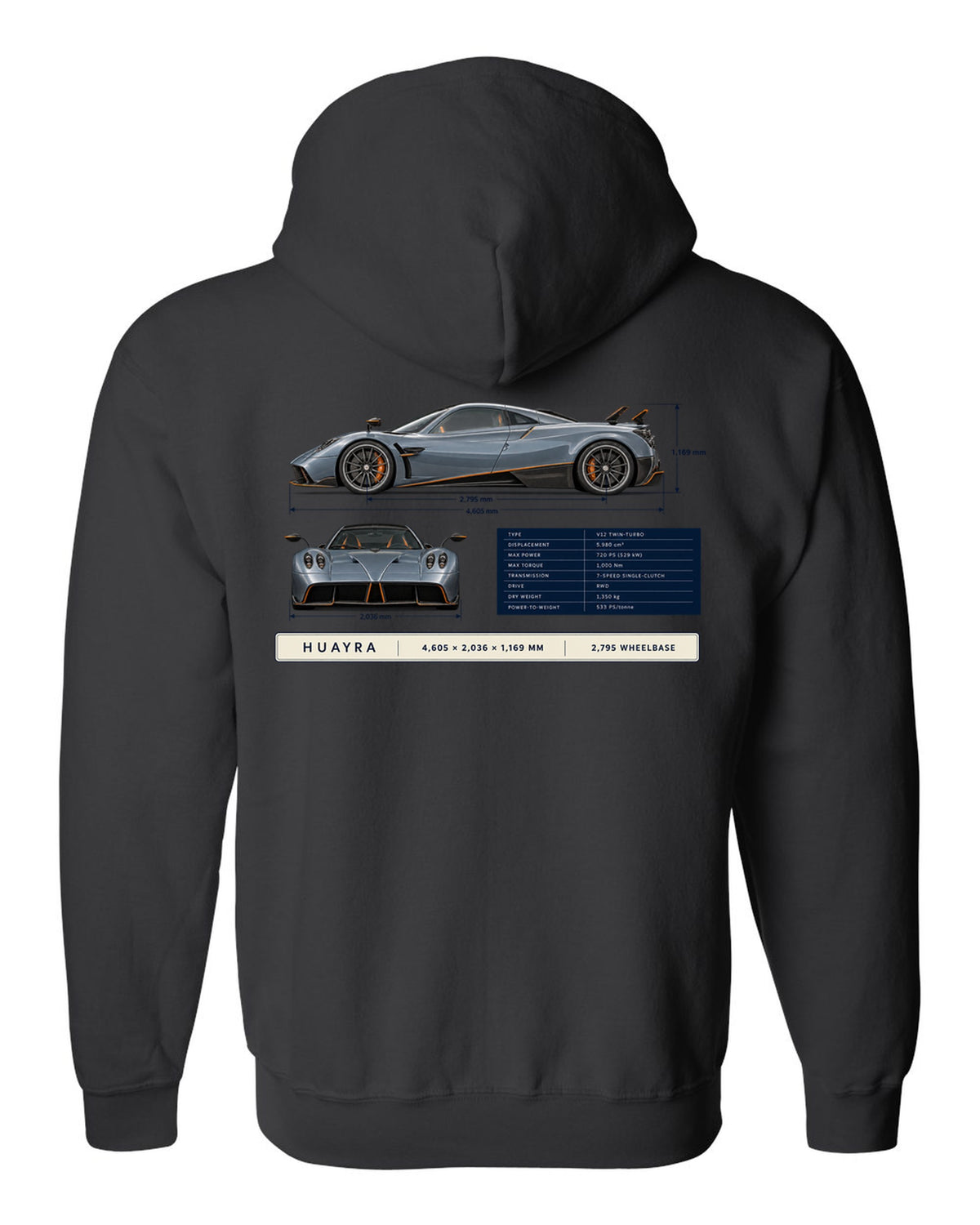 Dimension blueprint print of the Pagani Huayra coupe with 4,605 x 2,036 x 1,169 mm and 2,795 wheelbase black zip hoodie back view with the design
