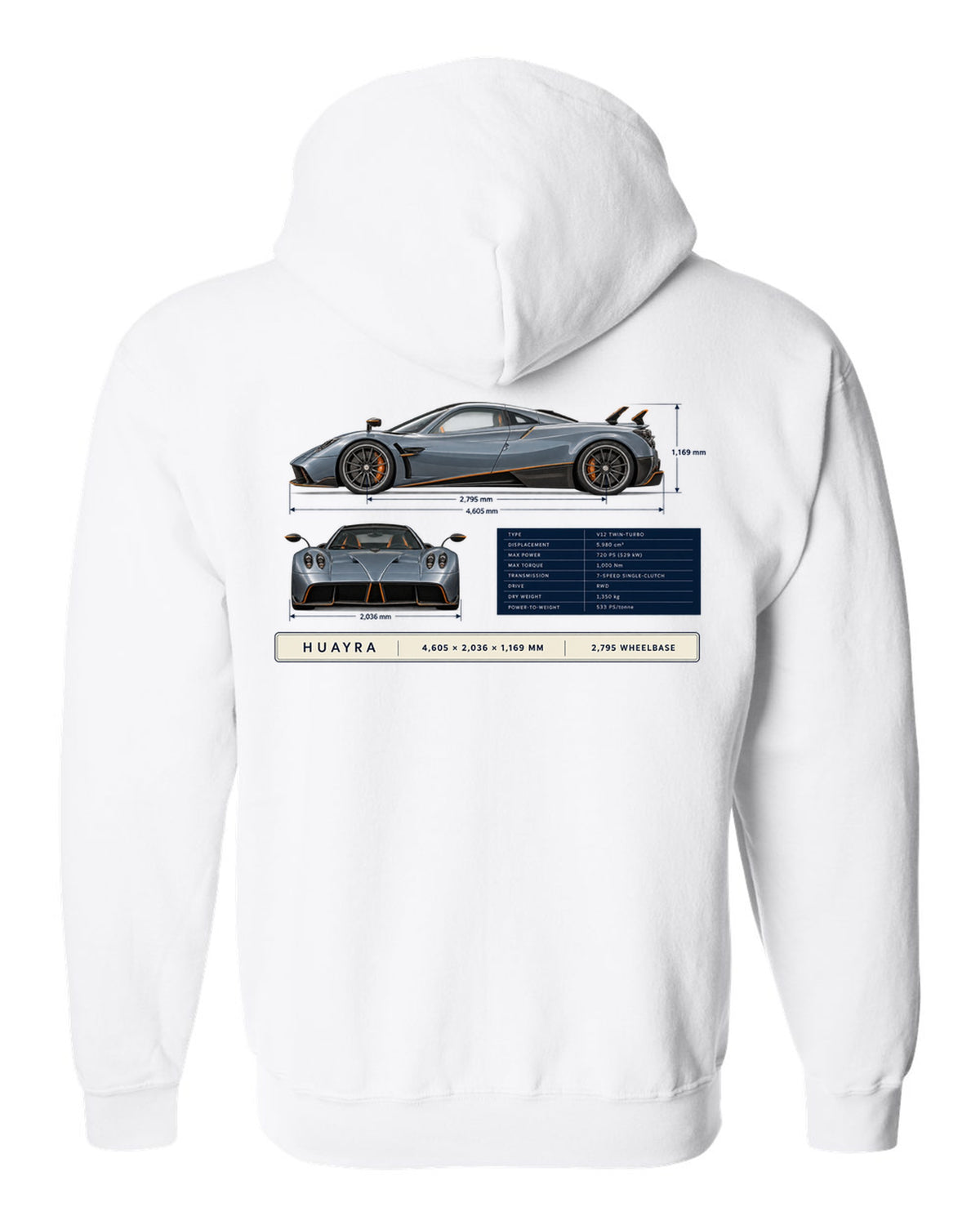 Dimension blueprint print of the Pagani Huayra coupe with 4,605 x 2,036 x 1,169 mm and 2,795 wheelbase white zip hoodie back view with the design