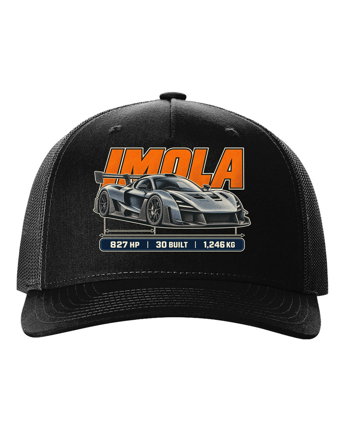Halftone print of the Pagani Huayra Imola with the text Imola, 827 hp, 30 built, 1,246 kg black hat front view with the design