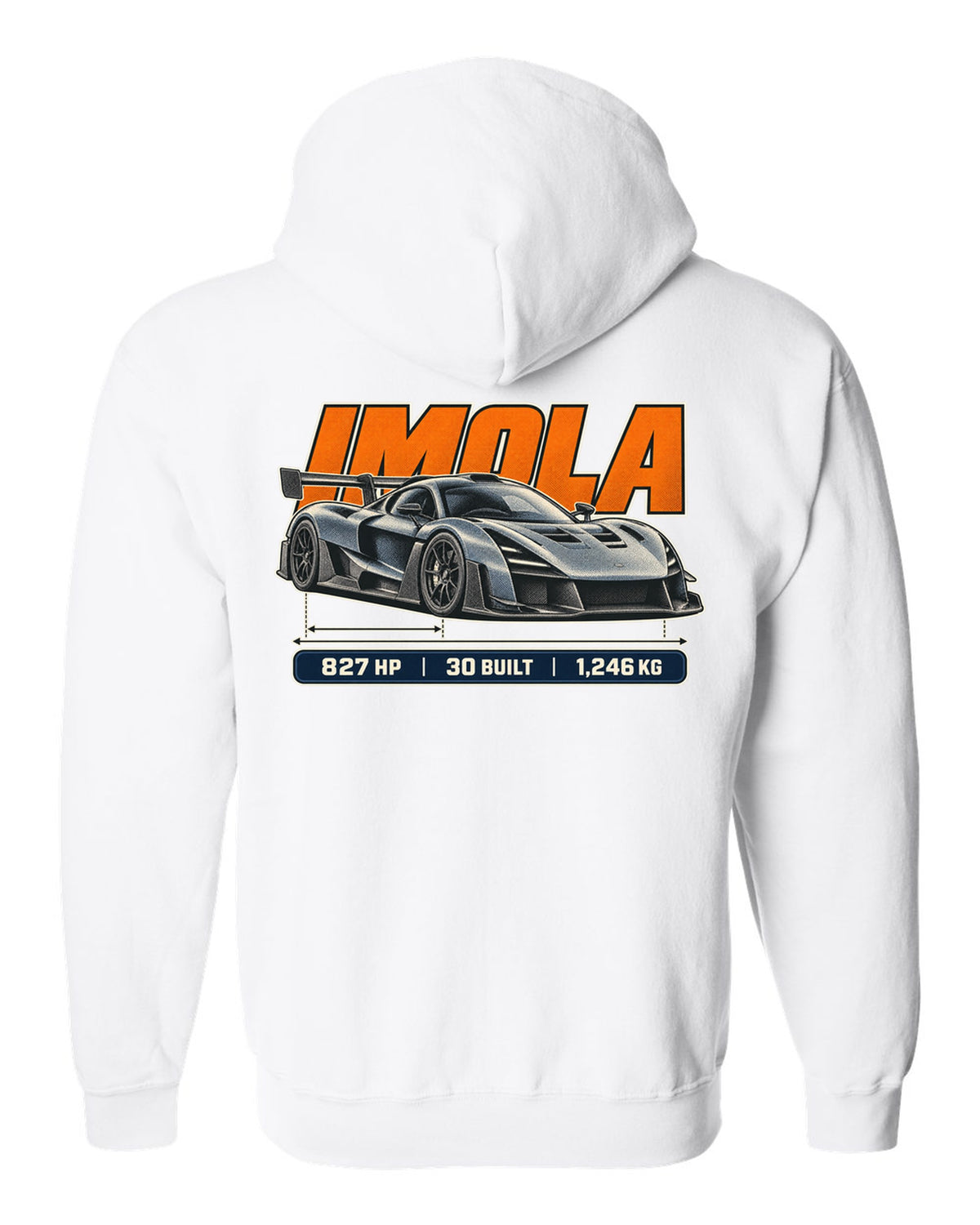 Halftone print of the Pagani Huayra Imola with the text Imola, 827 hp, 30 built, 1,246 kg white zip hoodie back view with the design