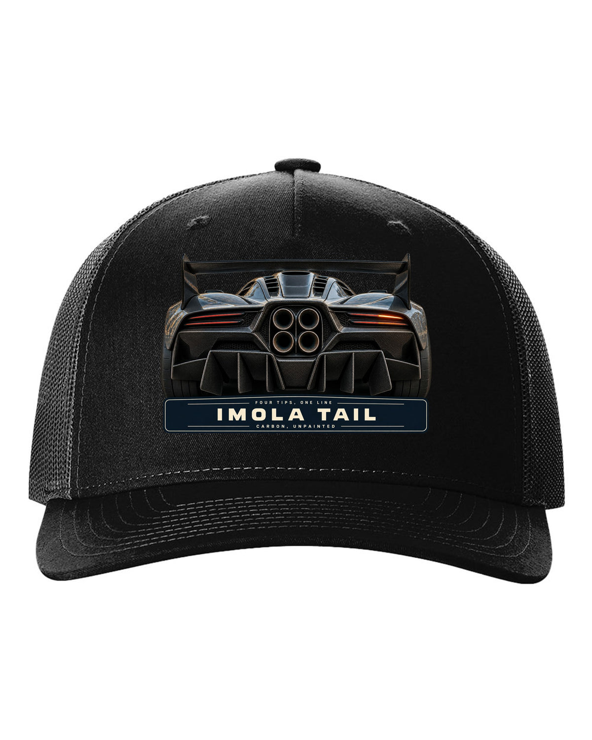 Taillight macro print of the Pagani Huayra Imola with the text four tips, one line, Imola tail, carbon, unpainted black hat front view with the design