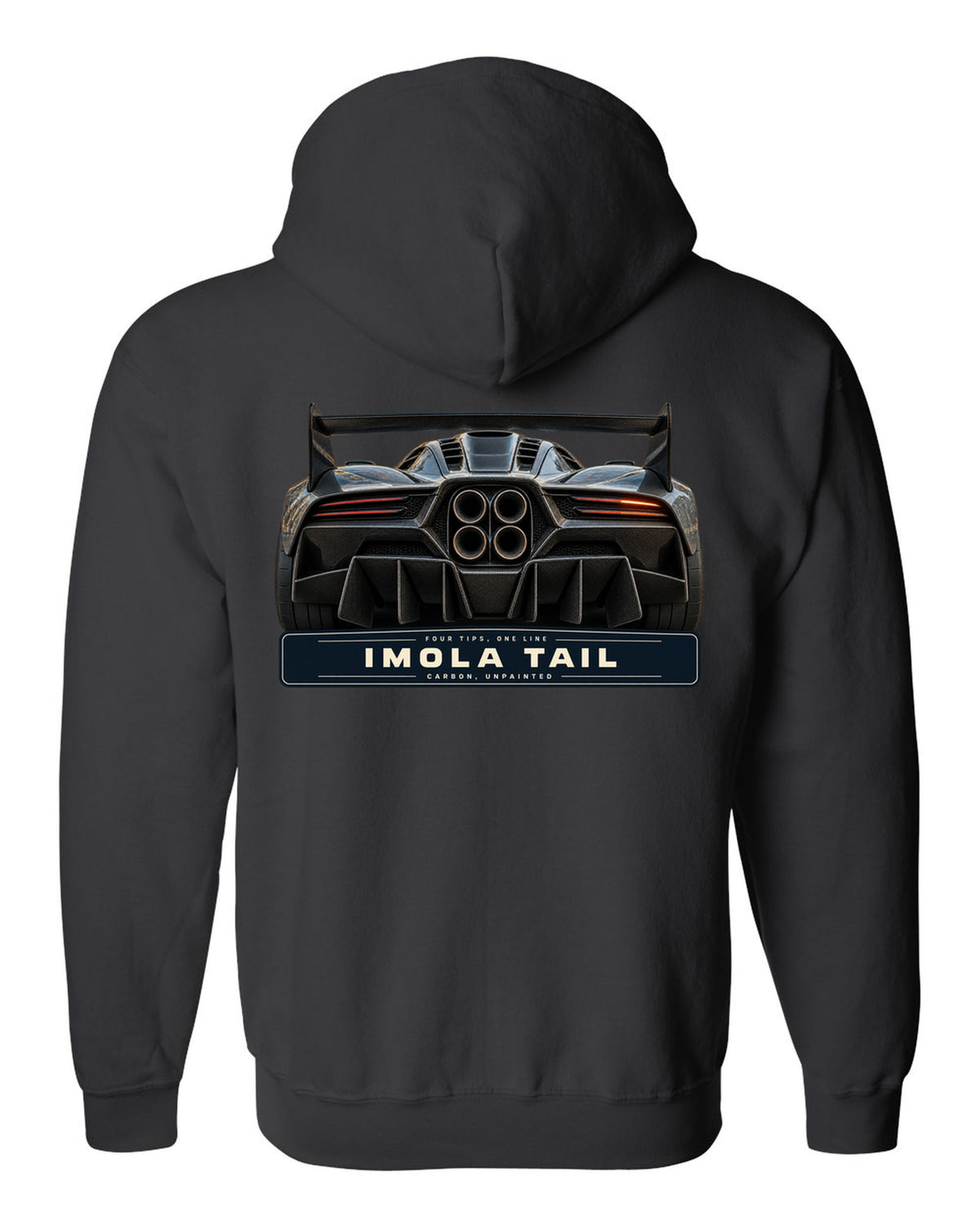 Taillight macro print of the Pagani Huayra Imola with the text four tips, one line, Imola tail, carbon, unpainted black zip hoodie back view with the design