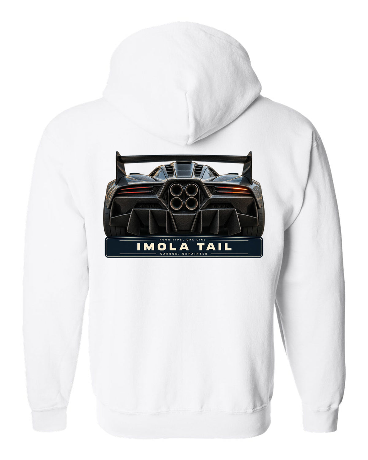 Taillight macro print of the Pagani Huayra Imola with the text four tips, one line, Imola tail, carbon, unpainted white zip hoodie back view with the design