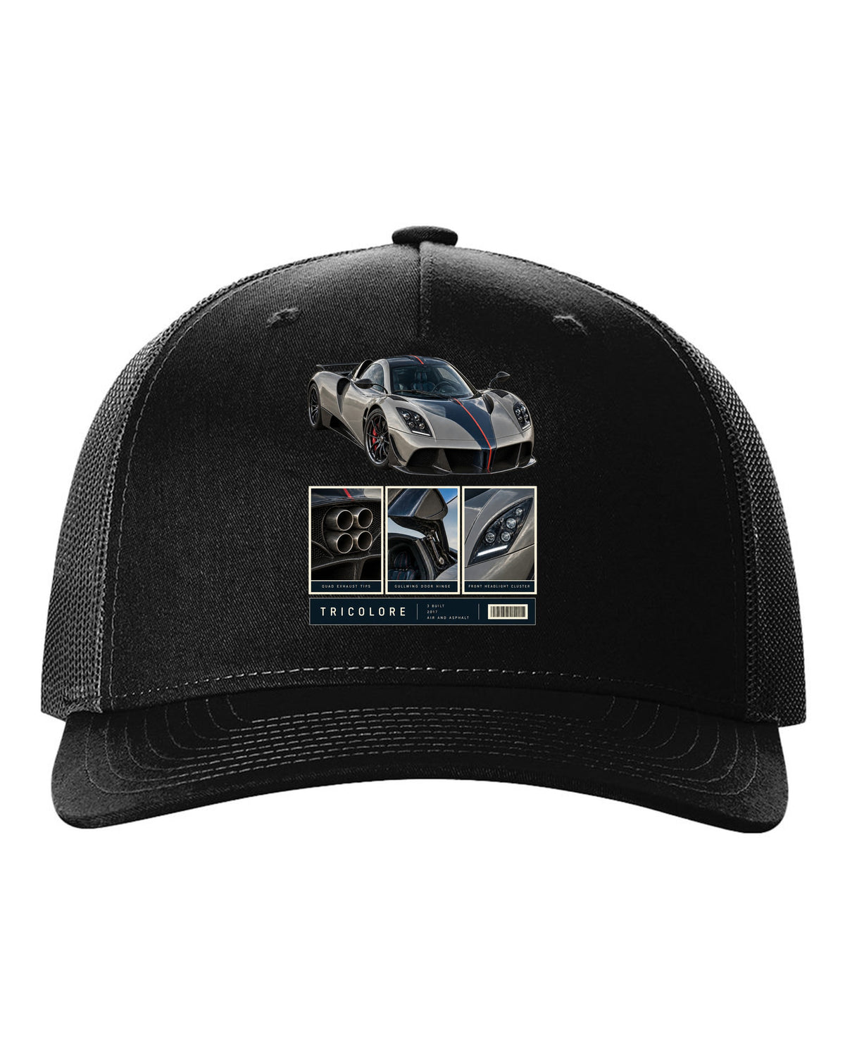 Dossier panel print of the Pagani Huayra Tricolore with the text Tricolore, 3 built, 2017, air and asphalt black hat front view with the design