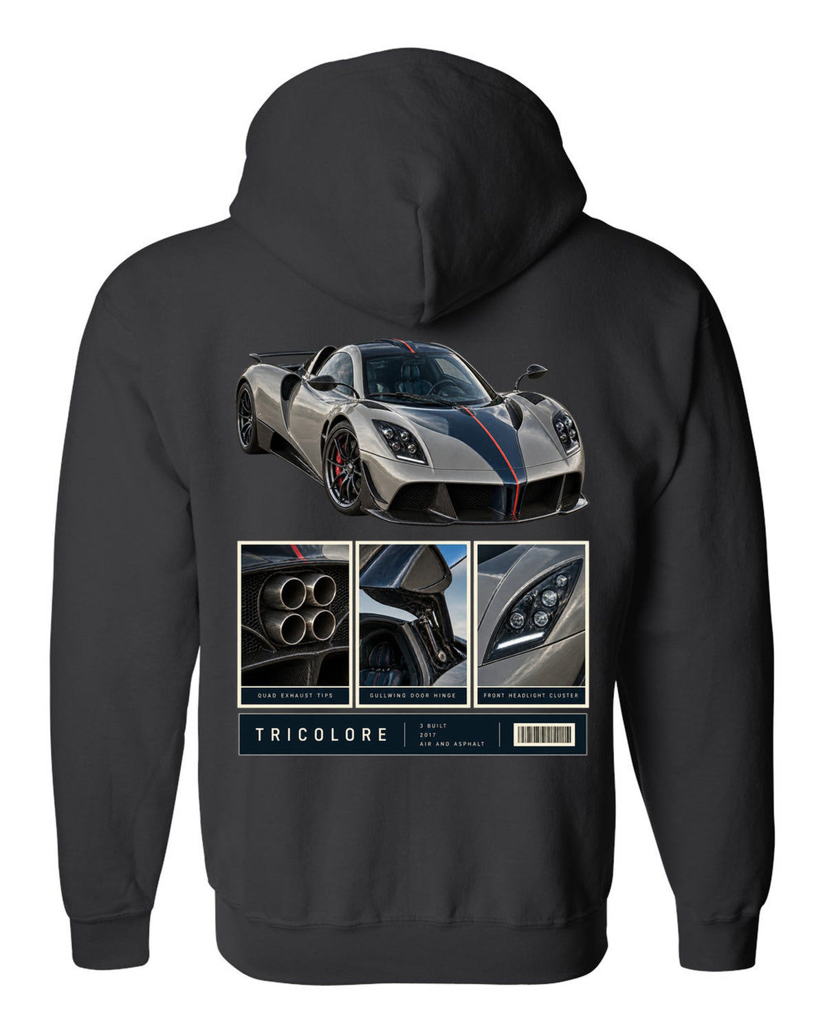 Dossier panel print of the Pagani Huayra Tricolore with the text Tricolore, 3 built, 2017, air and asphalt black zip hoodie back view with the design