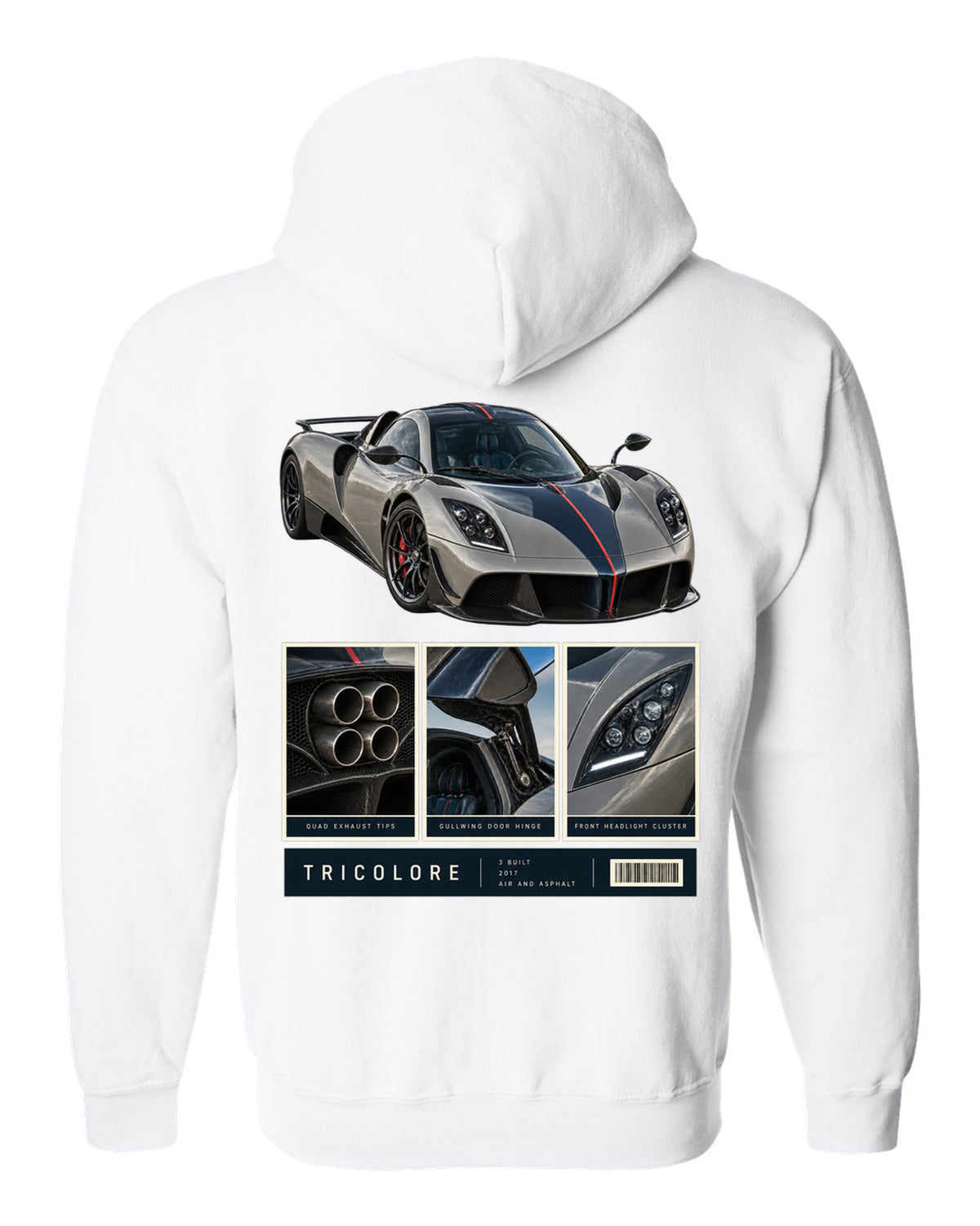 Dossier panel print of the Pagani Huayra Tricolore with the text Tricolore, 3 built, 2017, air and asphalt white zip hoodie back view with the design