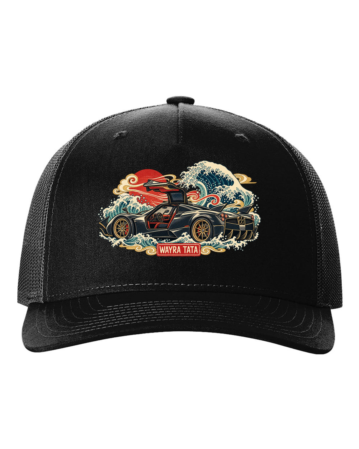 Ukiyo-e woodblock style print of a Pagani Huayra with Wayra Tata lettering black hat front view with the design
