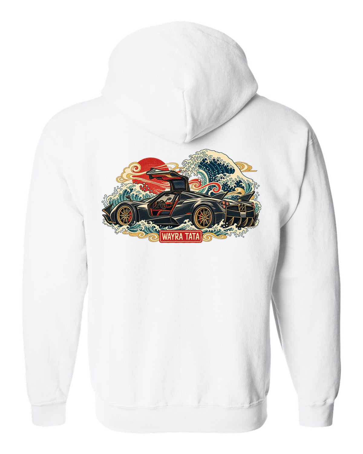Ukiyo-e woodblock style print of a Pagani Huayra with Wayra Tata lettering white zip hoodie back view with the design