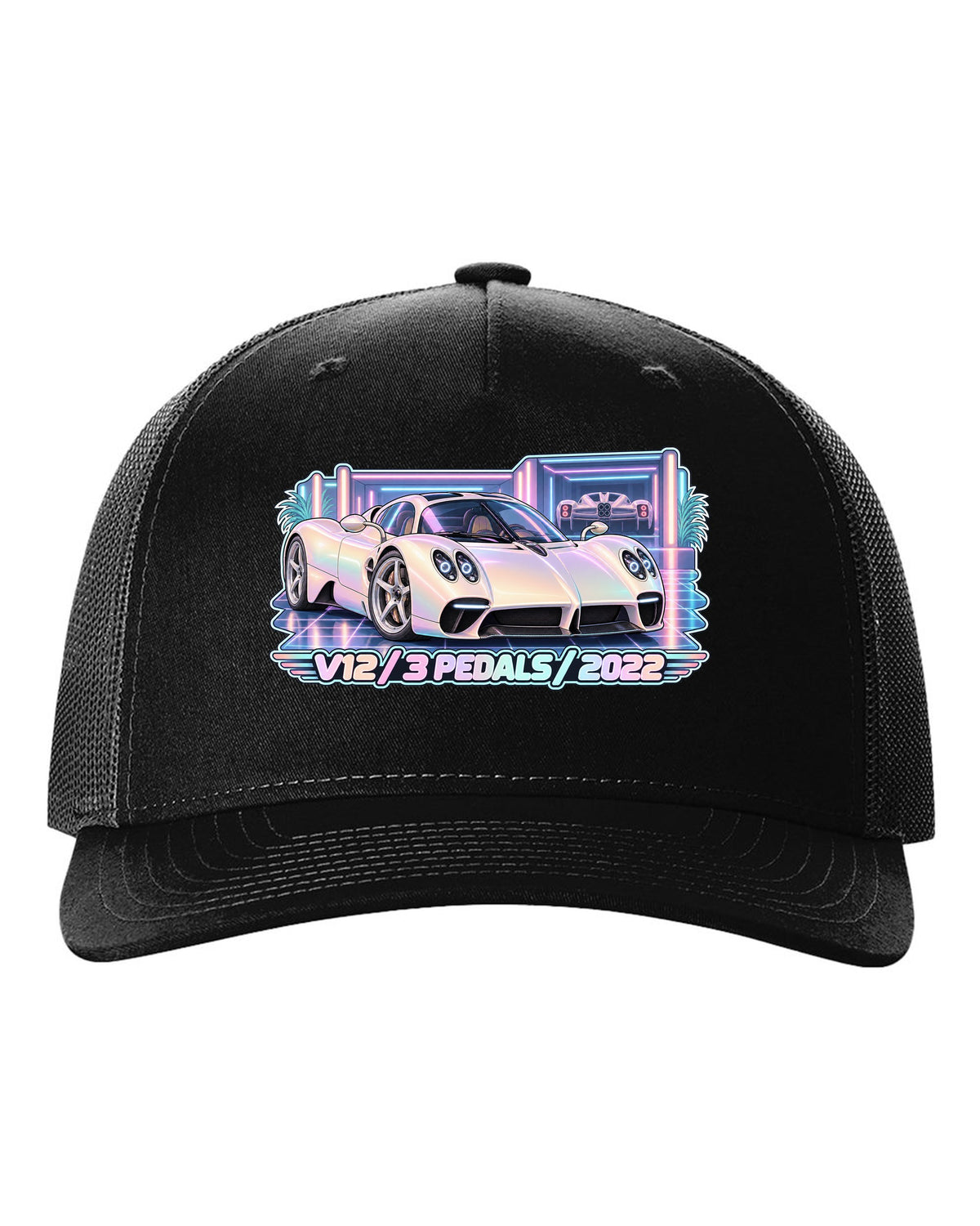 Pastel vaporwave garage illustration of a Pagani Utopia with V12 3 PEDALS 2022 lettering black hat front view with the design