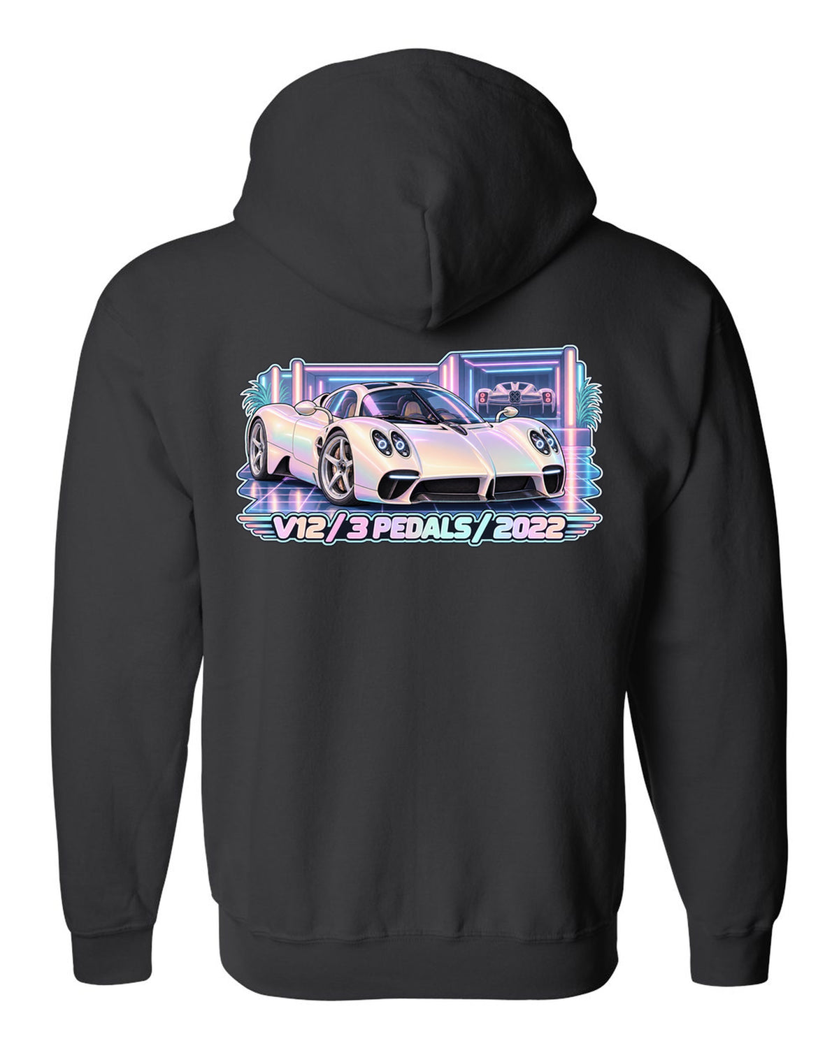 Pastel vaporwave garage illustration of a Pagani Utopia with V12 3 PEDALS 2022 lettering black zip hoodie back view with the design